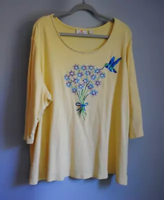 QUACKER FACTORY Size 3X Yellow Floral Bouquet Hummingbird Top 3/4 Sleeve Shirt • $11