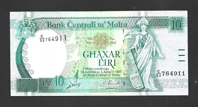 10 Liri Very Fine Banknote From Malta 1994-2007   Pick-47 • $5.50