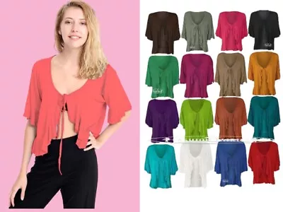 Womans Tie Up Front Bolero Shrug Womens Short Sleeves Frill Shirt Plain Cropped • £7.99