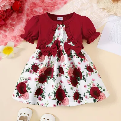 Baby Girl Short Sleeve Round Neck A-Line Flower Printed Cute Dress Bow Sundress • £8.89