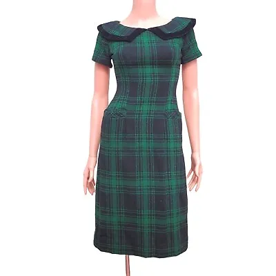 Wiggle Dress Vintage 50s Green Black Tartan Plaid Wool XS • £65.77