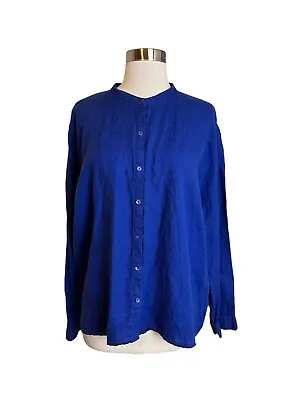 Eileen Fisher Women’s Blue Organic Lined Shirt Large Mandarin Collar Long Sleeve • $29.99