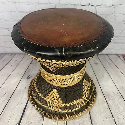 Vintage Indian Wicker & Leather Stool Ottoman Boho Rattan Chair Tribal Taj Mahal • $80