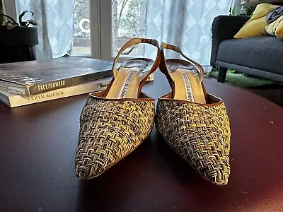 Manolo Blahnik Brown Tan Woven Carolyne Slingback Stiletto Shoes  38 7 • $120