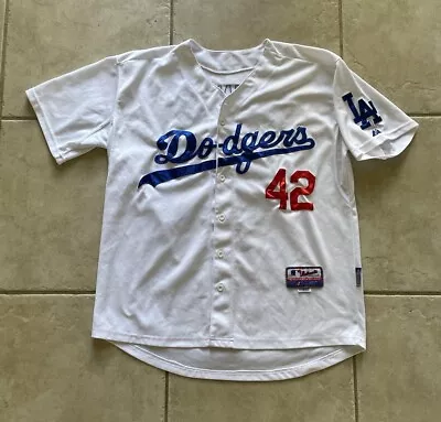 Vtg LA Dodgers Jackie Robinson Baseball Jersey Majestic Cooperstown Sz 50 White • $49.99
