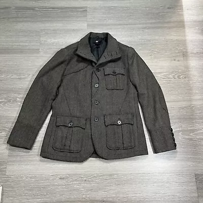 H&M Overcoat Men 42R Slim Fit Gray Herringbone Heavy Military Style Jacket • $53.99