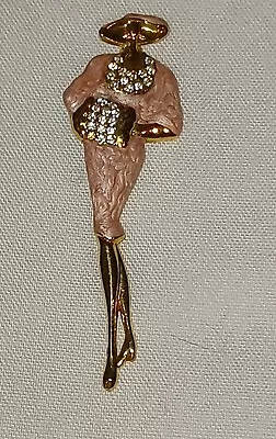 Vintage Gold Tone Pink Enamel Rhinestone Lady Brooch Jewelry (#87) • $9.99