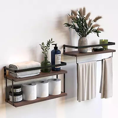 2+1 Tier Wall Mounted Floating Shelves Set Of 2 Rustic Wood Shelf With Metal Fr • $55.99