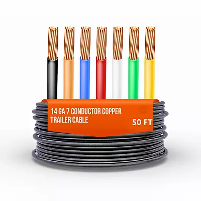 Heavy Duty 14 Gauge 7 Way Trailer Wire RV Tow COPPER Cable PVC Harness 50 FT • $65.50