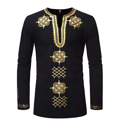 Men's African Traditional Dashiki Metallic Gold Printed Long Sleeve Dress Shirts • $18.33