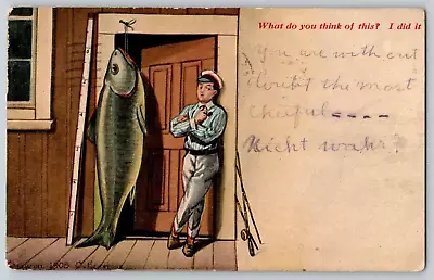 Antique Comic Postcard~ Young Man Smoking A Pipe With A Massive Fish • $9.95