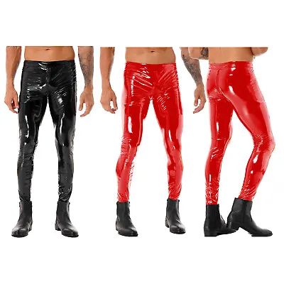 Mens Faux Leather Skinny Pants Zip Crotch Tight Gothic Motorcycle Biker Trousers • £26.39