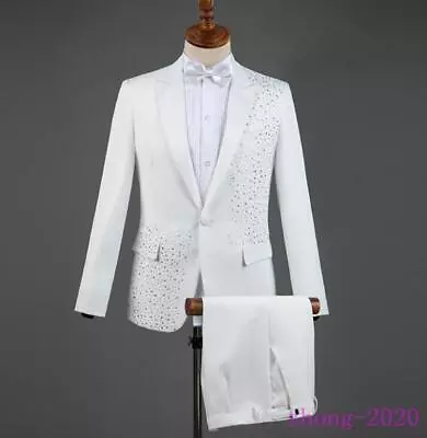 Mens Slim Fit Rhinestone Decor Suits Dress Stage Wedding Party Coat Pants 2PCS • $84.99