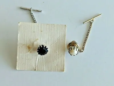 Lot Of 2 Tie Tacks With Chains Silvertone W Blk Stone & Goldtone W Pearl #12943 • $7.90