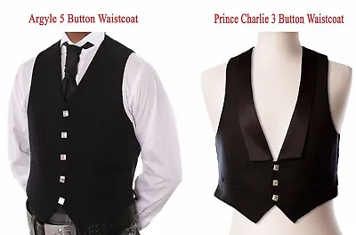 £18.99 • Buy Mens Scottish Argyle & Prince Charlie Kilt Waistcoat Black 3 & 5 Button Vest