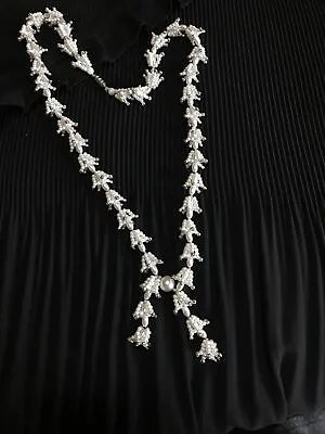 Vintage Hand Knotted Faux Pearl Silver Tone Tulip Bead Tassel Necklace 28” • $10.59