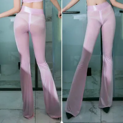 Lady See Through Flare Pant Trouser Zip Crotch Sheer Transparent Bell Bottom • £18.90