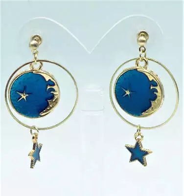 Pierced 2 1/4  Gold And Blue Moon And Star Dangle Earrings • $11.04