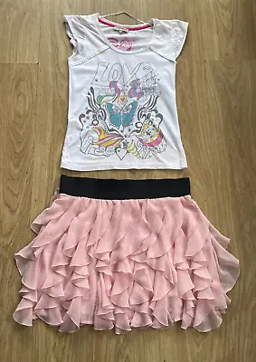 £8.99 • Buy Pretty Size 12 Pink Floaty Frilled Layer Short Skirt + Cute White Love T-shirt