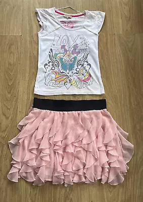 £8.99 • Buy Pretty Size 12 Pink Floaty Frilled Layer Short Skirt + Cute White Love T-shirt