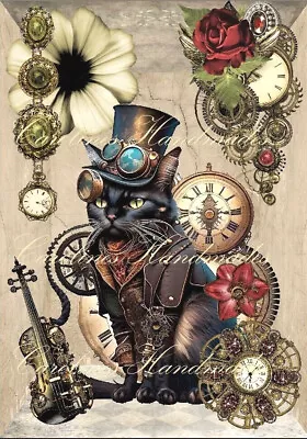 Steampunk Cat Collage C Designer Cotton Fabric Quilt Block Multi-size • $12.50