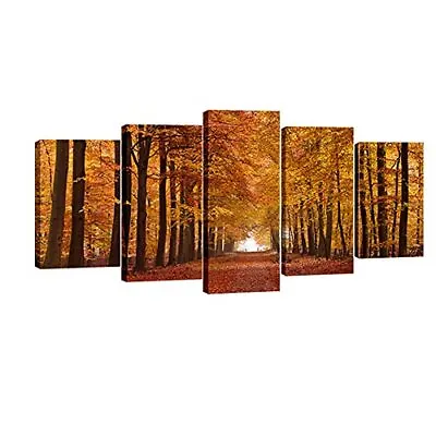 Wieco Art Autumn Forest Modern Giclee Canvas Prints Landscape Artwork 5 Panels • £50.95
