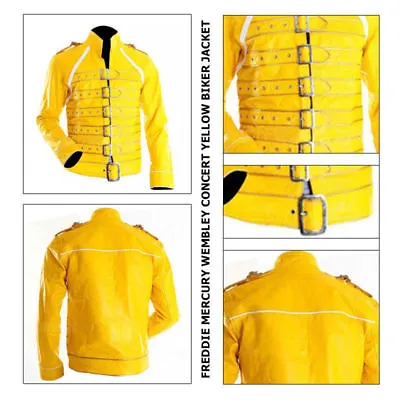 $65 • Buy New Men's Freddie Mercury Wembley Concert Yellow Biker Jacket Faux Leather Coat;