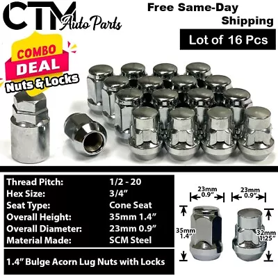 16x Chrome 1/2-20 Cone Seat Lug Nut + Wheel Lock Fit Mustang Cougar Marquis 4Lug • $27.59