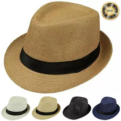 For Unisex Summer Straw Fedora Cap Trilby Cuban Sun Hat Panama Short Brim Floral • $12.41