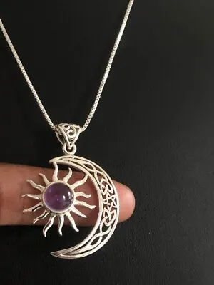 $2.50 • Buy Celtic Necklace, Amethyst Crescent Jewelry, Celtic Moon & Sun Necklace