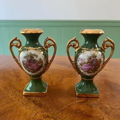 Pair Of Antique Green Porcelain Limoges France Urn Vase /w Handles • $140