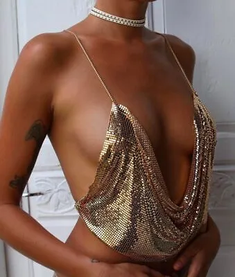 Metal Sequined Halter Women Sexy V Neck Backless Chain Plunge Tank Vest Crop Top • £13.99