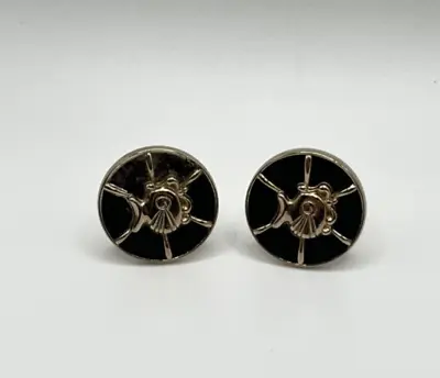 Vintage Nautical Gold Tone Black Enamel Fish Round Cufflinks • $14.99