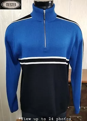 Meister Wool Blend Ski Sweater Men's Sz L Blue Black 1/4 Zip Pullover • $59.99