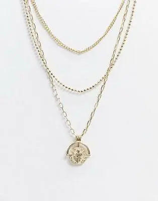 Design Curve Multirow Necklace With Vintage Style Coin Pendant Gold Tone • £3.75