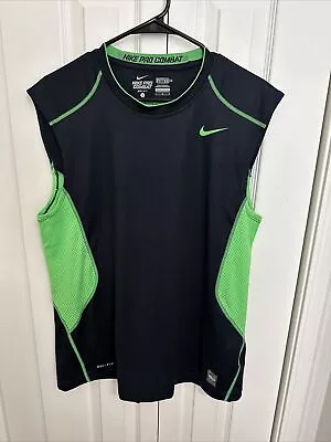 Nike Pro Combat Dri Fit Fitted Black Green Sleeveless Activewear Shirt Mens L • $14.99
