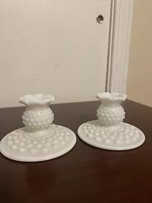 Vintage Fenton White Milk Glass Hobnail  Candle Stick Holder Set Of Two 3-1/8” T • $15.99