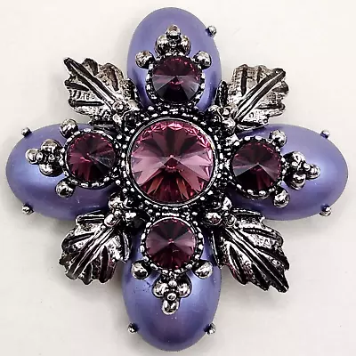 Vtg Purple Maltese Cross Brooch SAMO Rivoli Rhinestone Pendant Silver Tone RARE • $44.99