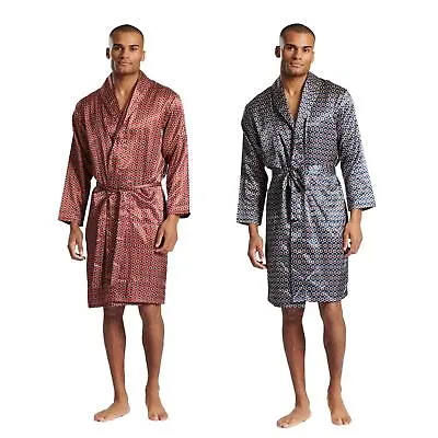Mens Satin Robe Wrap Kimono Dressing Gown Burgundy/Blue Size Medium-XXL • £17.95