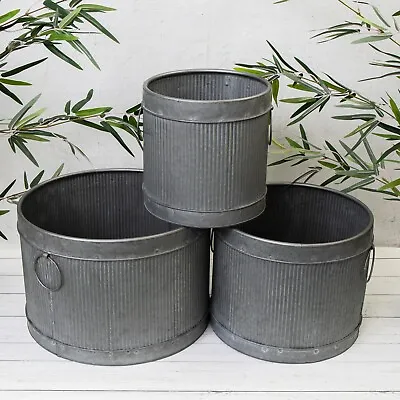 Large Round Vintage Galvanised Metal Ribbed Planters Plant Flower Pot Garden Sv • £23.95