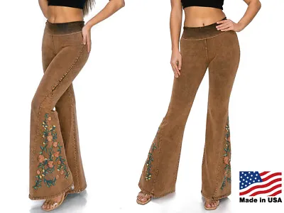 T Party Women's Cotton Brown Embroidered Floral Flare Yoga Pants Made In USA • $54