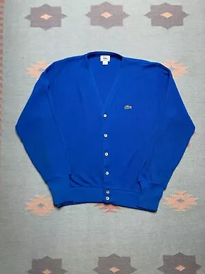 Vintage Izod Lacoste V Neck Sweater Cardigan Long Sleeve Blue Gator 1980s Large • $30