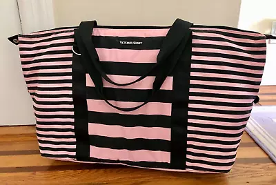 Victorias Secret XLarge Weekender Tote Bag ~ Zipper Top ~ Pink And Black Striped • $18.99