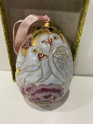 Vintage Cloisonné Ornament Egg Shape 3” Tall Gold Mauve White Lovebirds NIB • $14.95