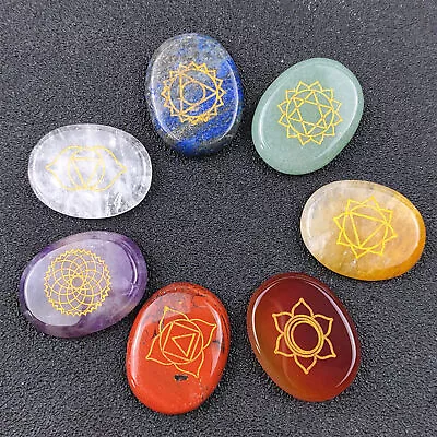 7 Pieces Natural Chakra Stones Set Reiki Healing Crystal Engraved Chakra Symbols • £12.79