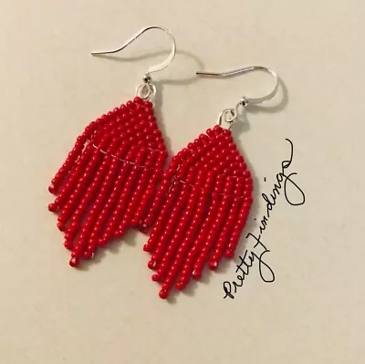 Beaded Minimalist 1.5 Inch Fringed Red Earrings Handmade - Ready To Ship • $4.95