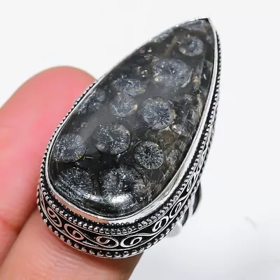 Black Fossil Gemstone Handmade 925 Sterling Silver Jewelry Ring Size 6.25  • $10.44