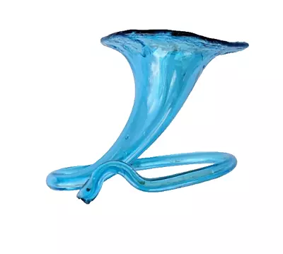 Blue Glass Hand Blown Epergne Morning Glory Shape Floral Horn 6 In D 4 3/8 In H • $29.99