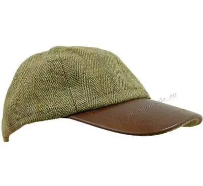 D35 Deluxe Light Derby Tweed / Leather Baseball Cap Hat Fishing / Hunting • £15.95