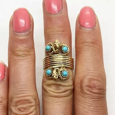 Vintage Hand Crafted 18K Yellow Gold Ring Double Snake Turquoise 3D Tribal 8.8g • $995